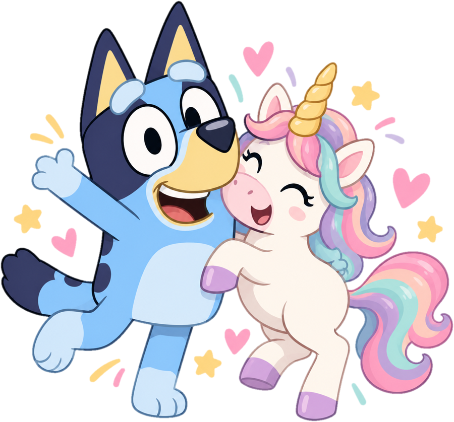 Bluey a abraçar um unicórnio