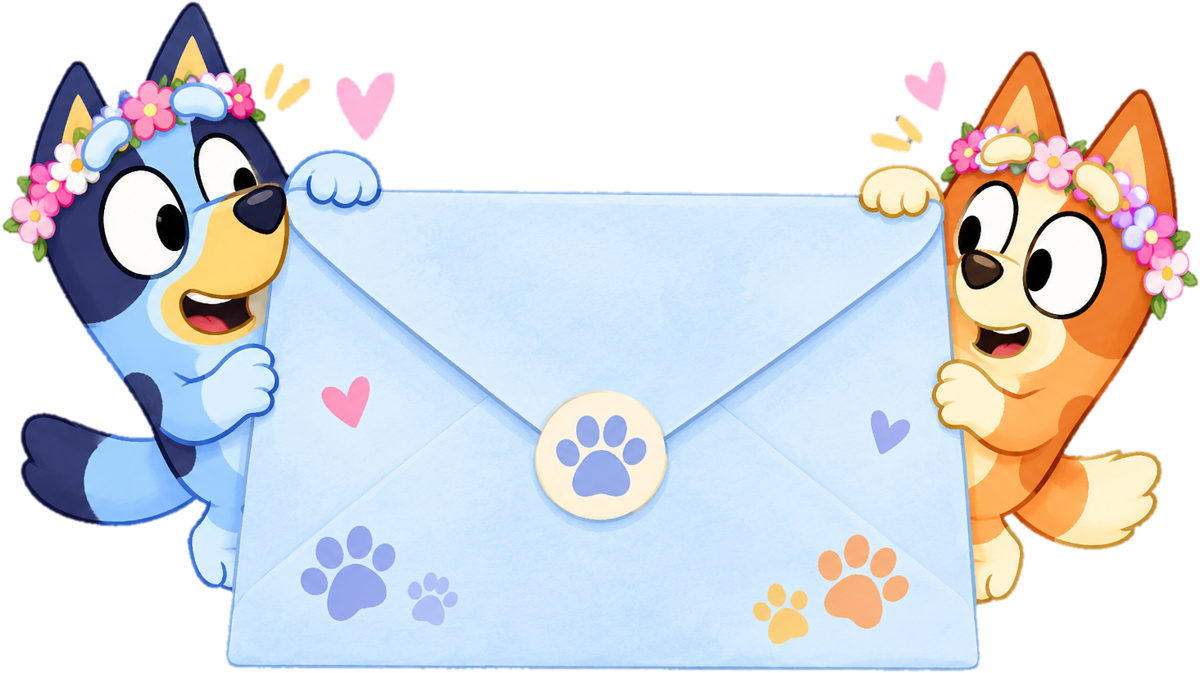 Bluey e Bingo a segurar um envelope